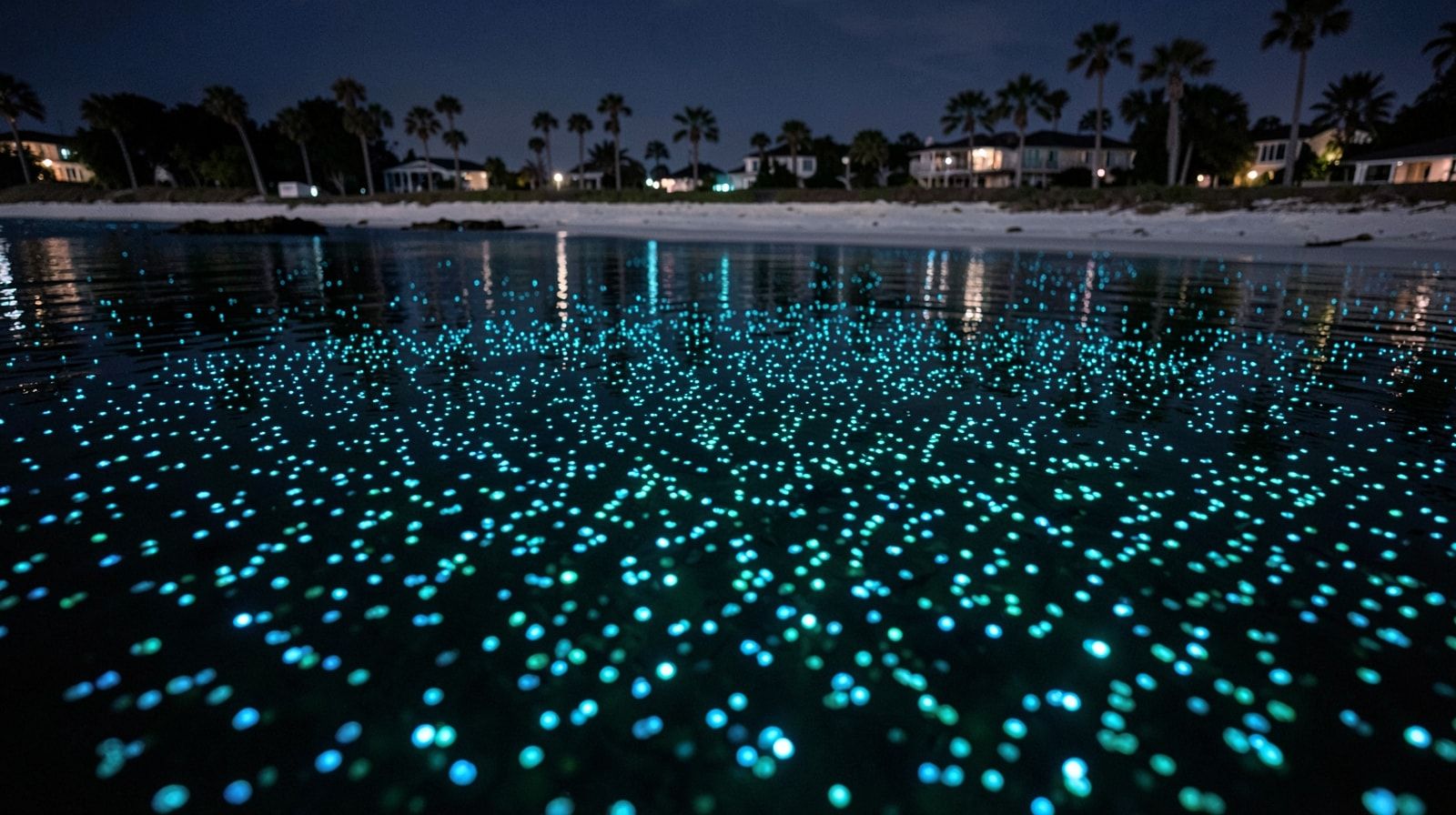 Close-up of glowing blue-green bioluminescent marine organisms in dark seawater creating a natural electric blue glow