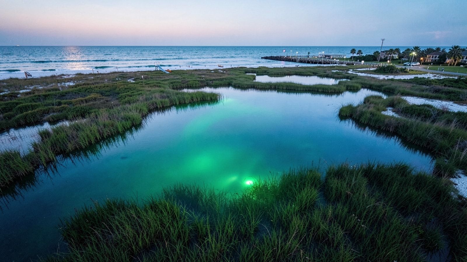 Aerial view of calm protected backwater tidal creeks of Choctawhatchee Bay near Destin Florida at dusk with marsh grass lining the edges and a kayak launch visible