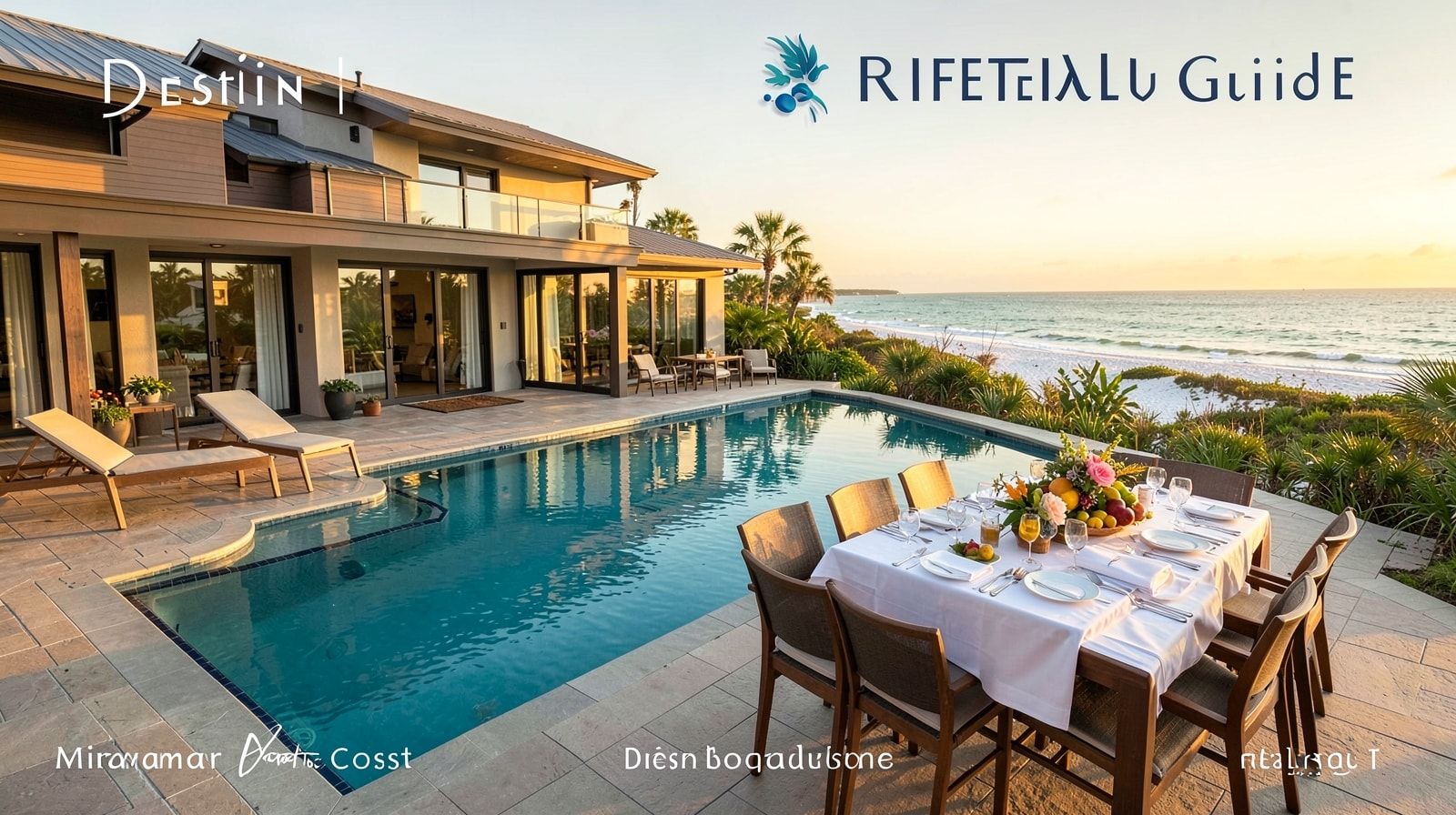 Large vacation rental home with private pool and outdoor dining table set for eight in Miramar Beach Florida in golden afternoon light