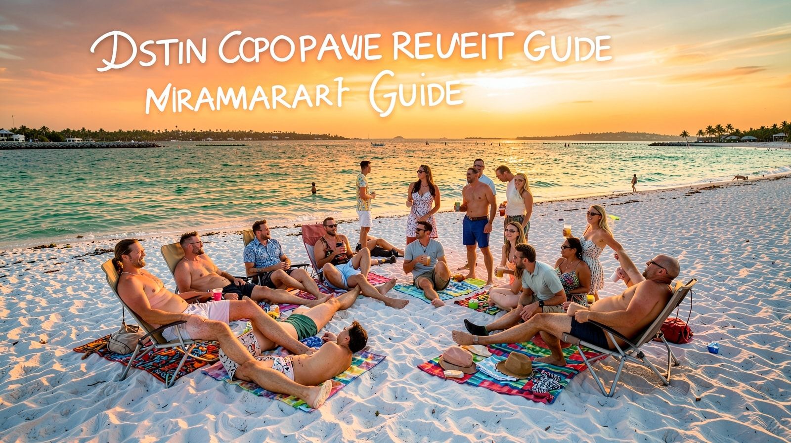 Group of twelve adults relaxing on Miramar Beach Florida at sunset with drinks and snacks, emerald Gulf water glowing orange in evening light