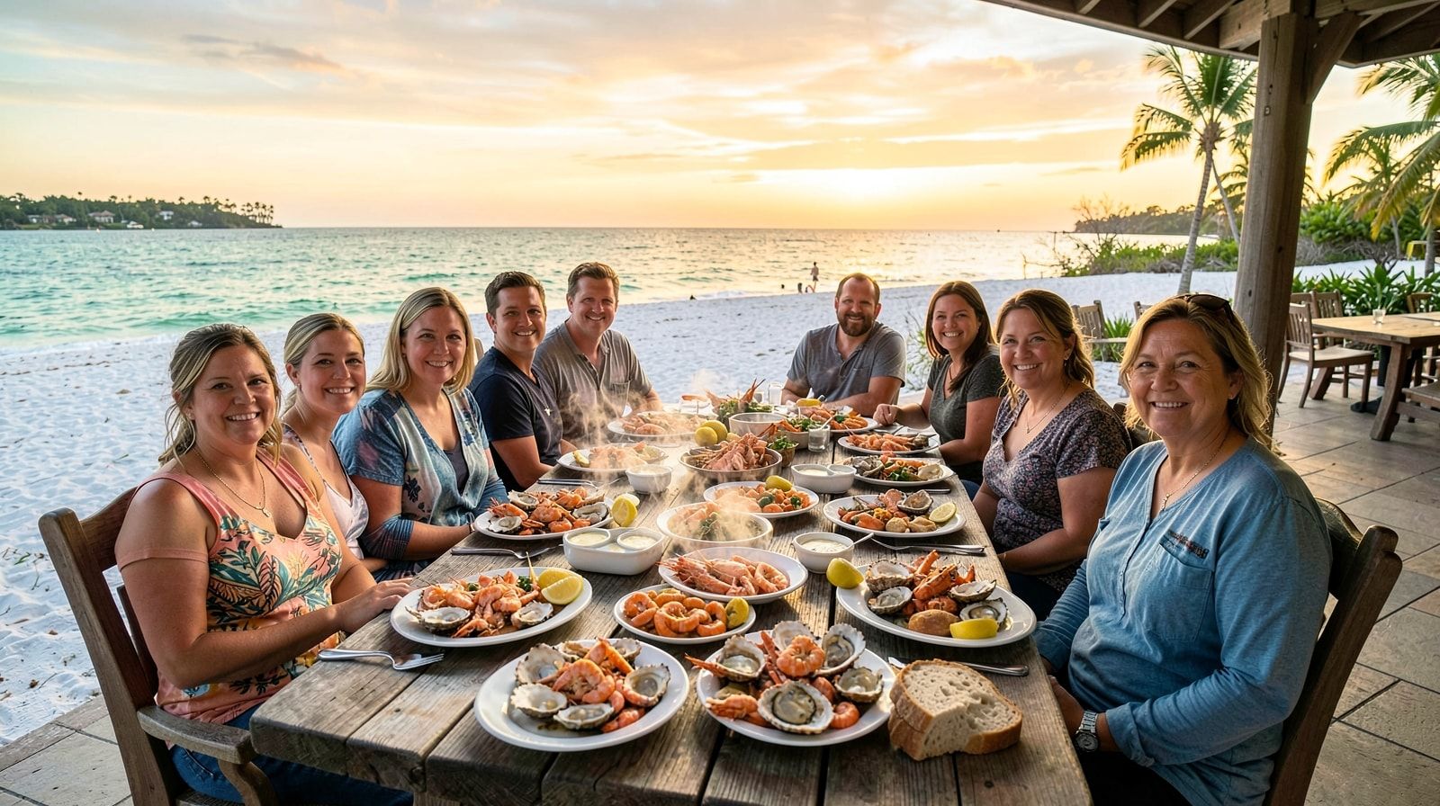Group of ten people at a long outdoor table with family-style Gulf seafood platters on a waterfront Destin Florida restaurant patio at sunset