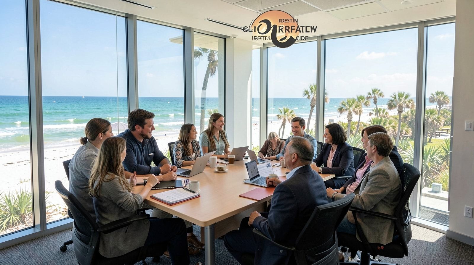 Small corporate brainstorming session in a bright conference room with Gulf ocean views at a Destin Florida beachfront hotel