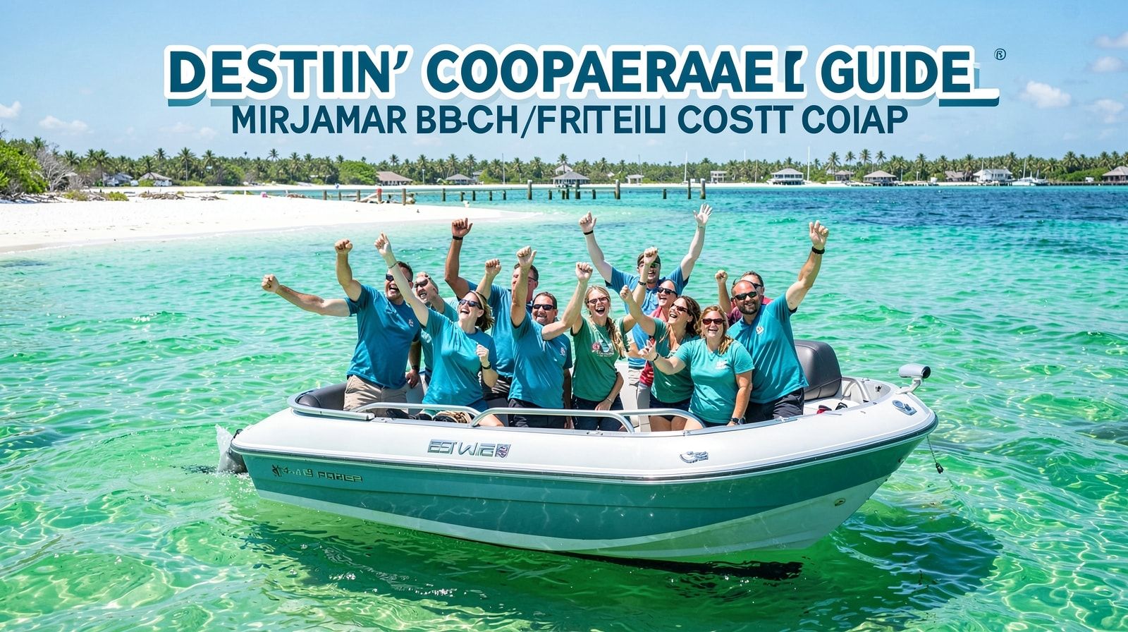 Group of eight adults in matching shirts cheering on a rented pontoon boat at a shallow emerald-water sandbar near Destin Florida on a bright afternoon