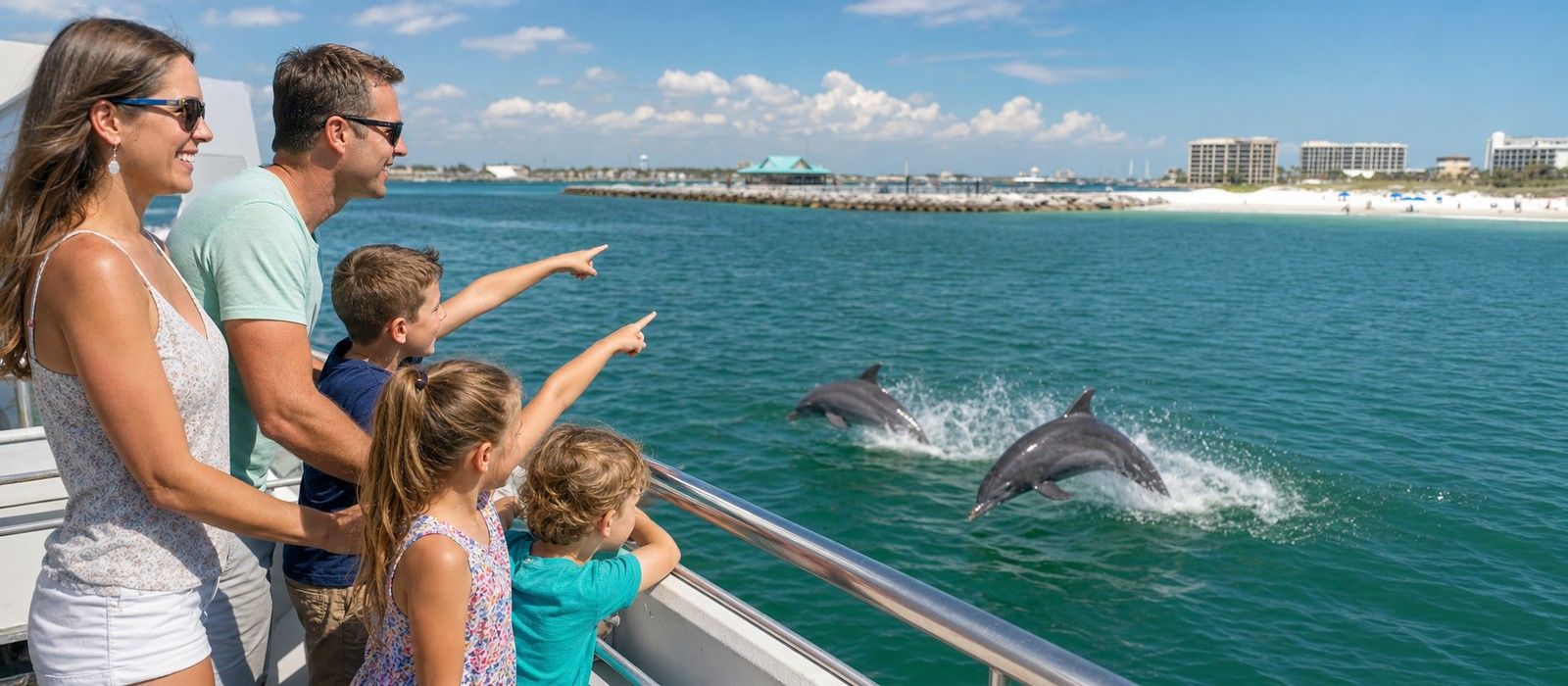 Family on a dolphin cruise boat in Destin Harbor with children pointing at jumping dolphins