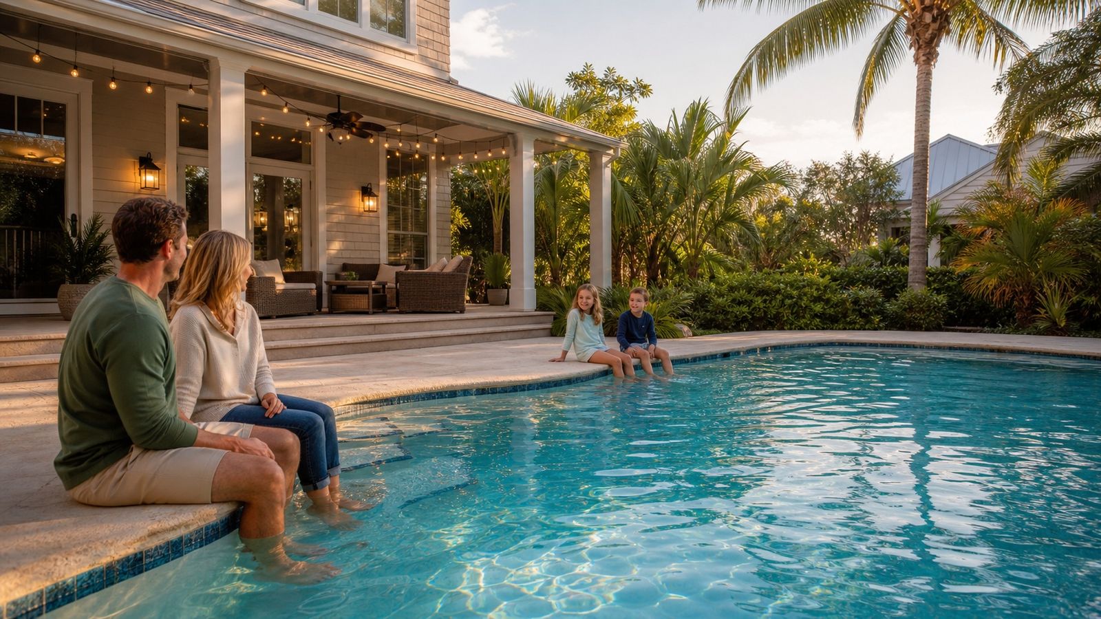 Family relaxing at a private pool vacation rental in Miramar Beach Florida during fall break