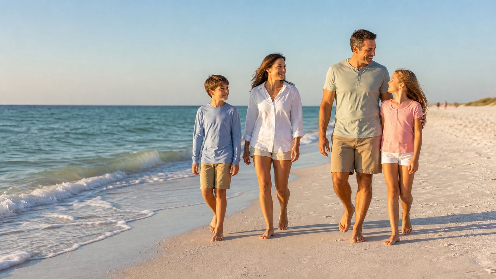 Family walking along the Gulf shoreline at Destin beach on a nearly empty October fall break day