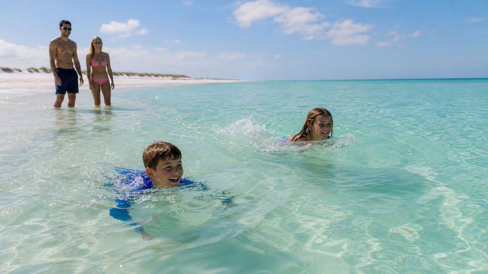 Children swimming in warm emerald Gulf water at Destin beach on a sunny October day