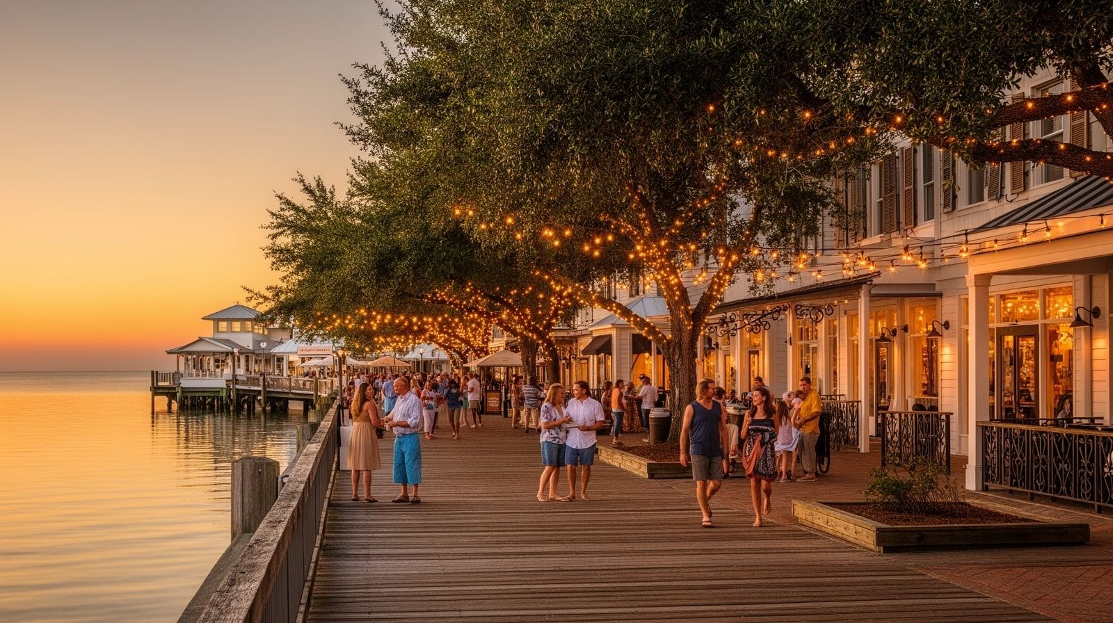 Baytowne Wharf boardwalk at Sandestin in the evening with string lights in the trees and couples and families enjoying the waterfront village under warm amber lighting