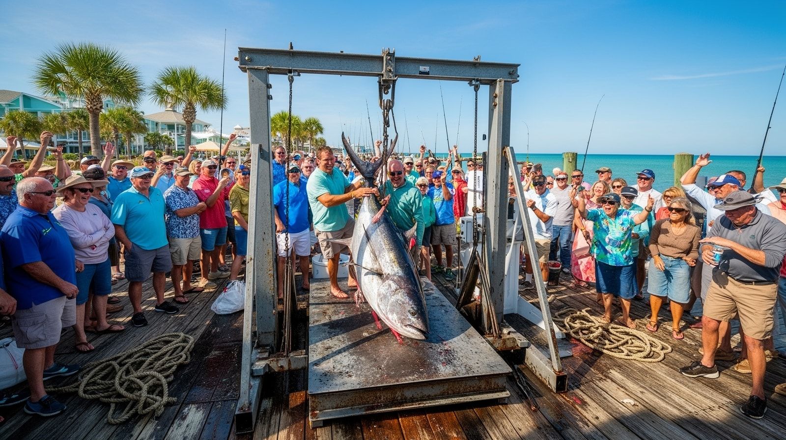 Anglers celebrating at the Destin Fishing Rodeo weigh-in dock with a large Gulf catch being weighed on the scale surrounded by an excited crowd at HarborWalk Village