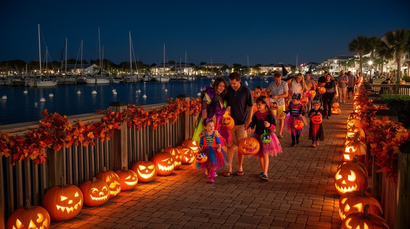 Families with young children in Halloween costumes trick-or-treating along a decorated waterfront boardwalk at night with glowing jack-o-lanterns and boats in the harbor behind them