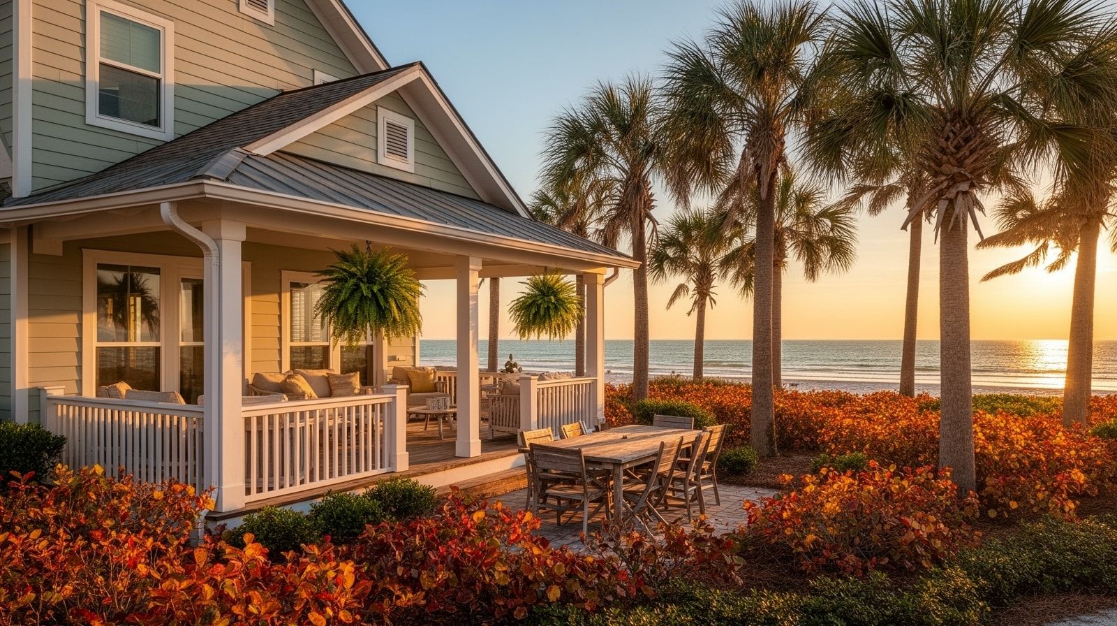 Charming coastal vacation rental house with a covered porch and outdoor dining area bathed in warm fall evening light with palm trees and lush landscaping near Miramar Beach