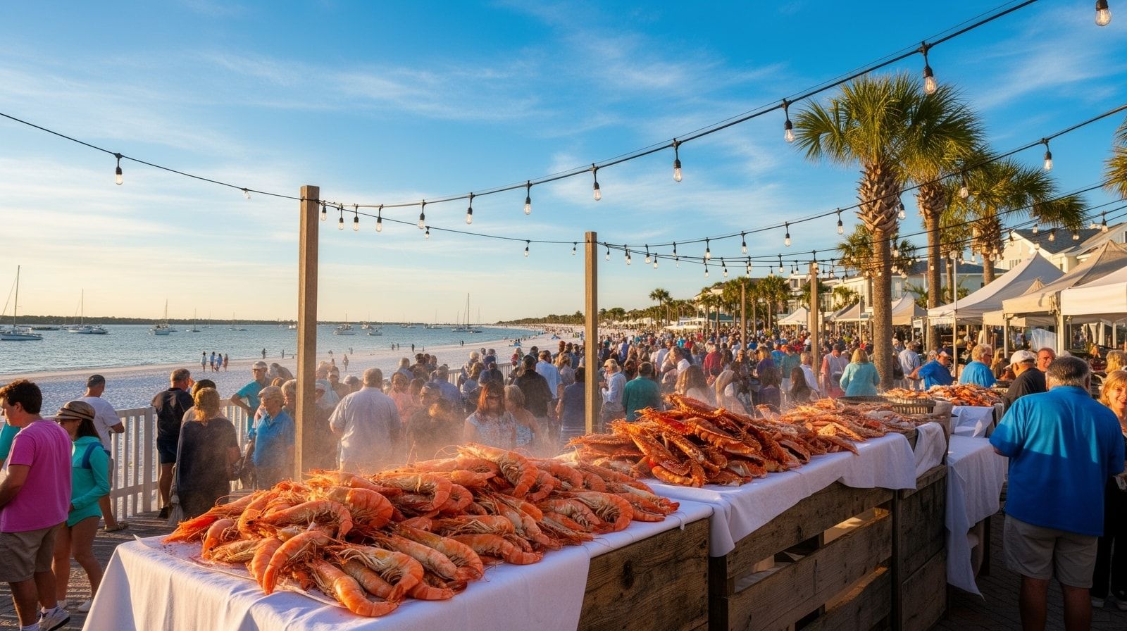 Outdoor seafood festival at Destin Harbor with steaming Gulf shrimp and crab legs on display, string lights overhead, and a crowd of visitors enjoying the waterfront atmosphere