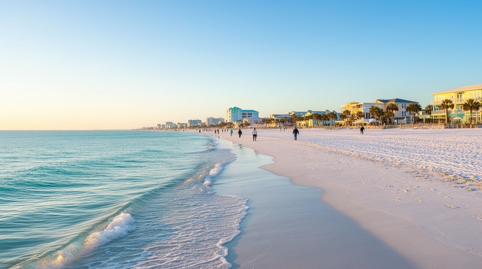 Nearly empty sugar-white beach in Destin Florida on a clear fall morning with calm turquoise Gulf water and only a few people walking along the shoreline in golden light