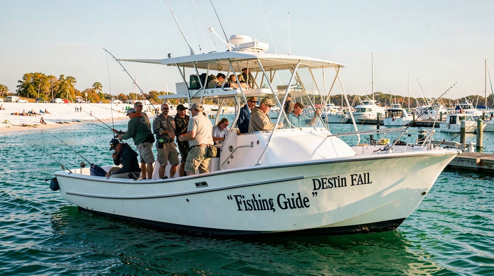 Group of anglers boarding a charter fishing boat at a Destin Florida marina on a clear autumn morning