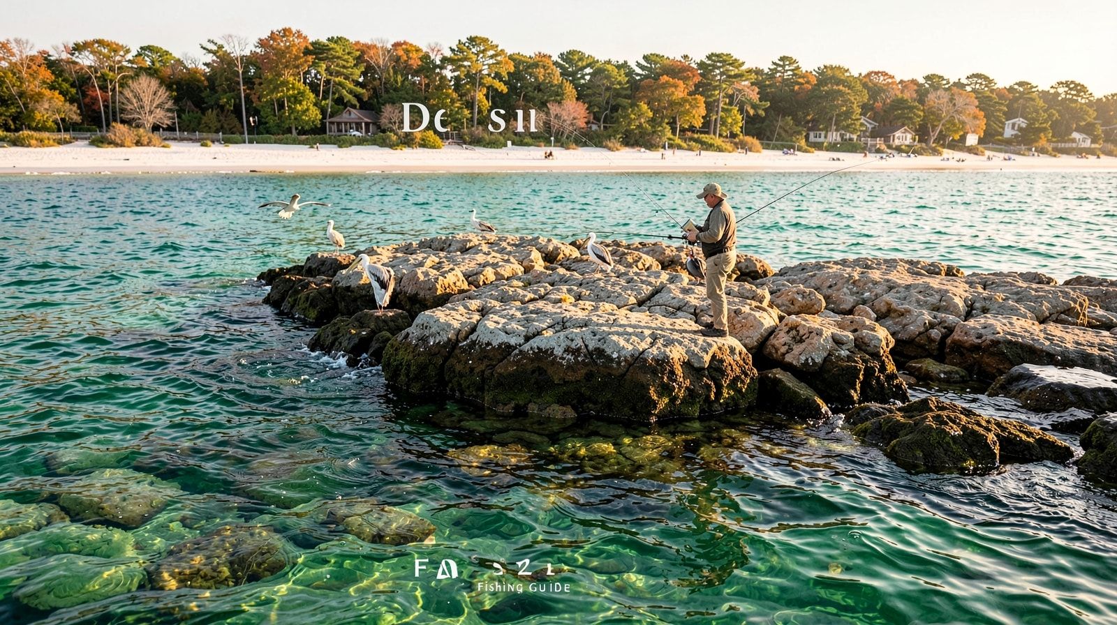 Angler fishing from a rocky jetty into clear emerald Gulf water in Destin Florida on a calm autumn afternoon with pelicans nearby