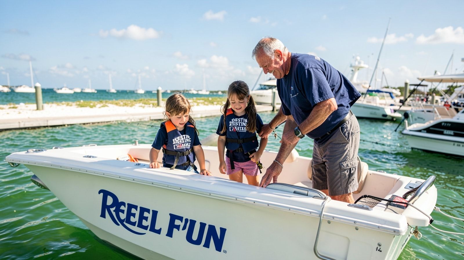 Family boarding an inshore fishing charter boat at a Florida marina with a captain helping young children aboard safely