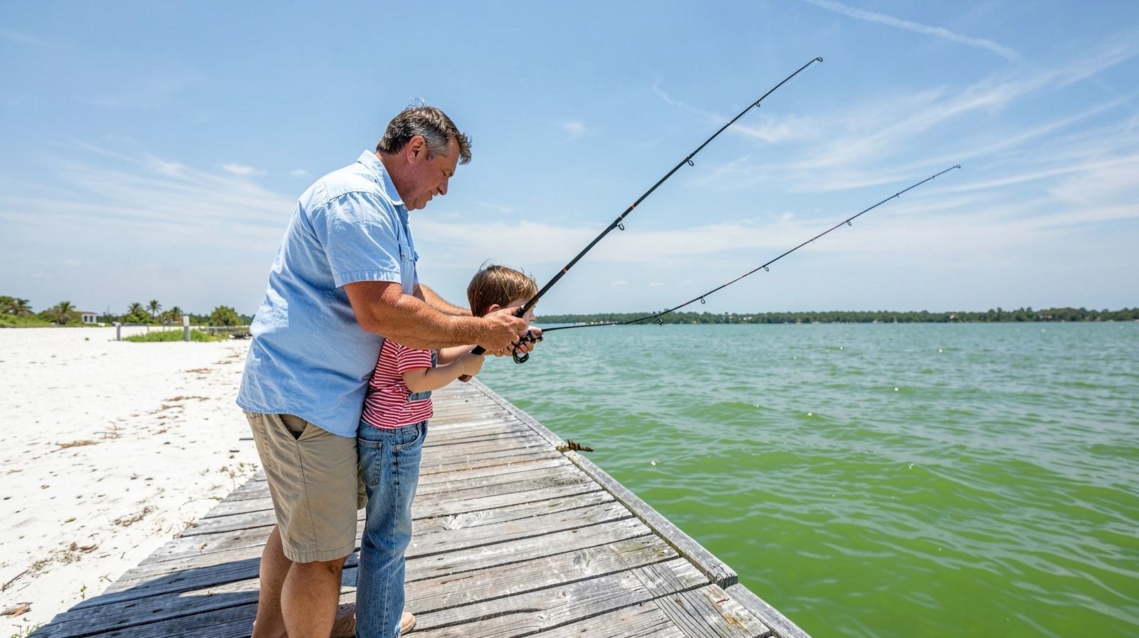 Father and young child fishing together from a public pier over calm emerald water on the Florida Panhandle