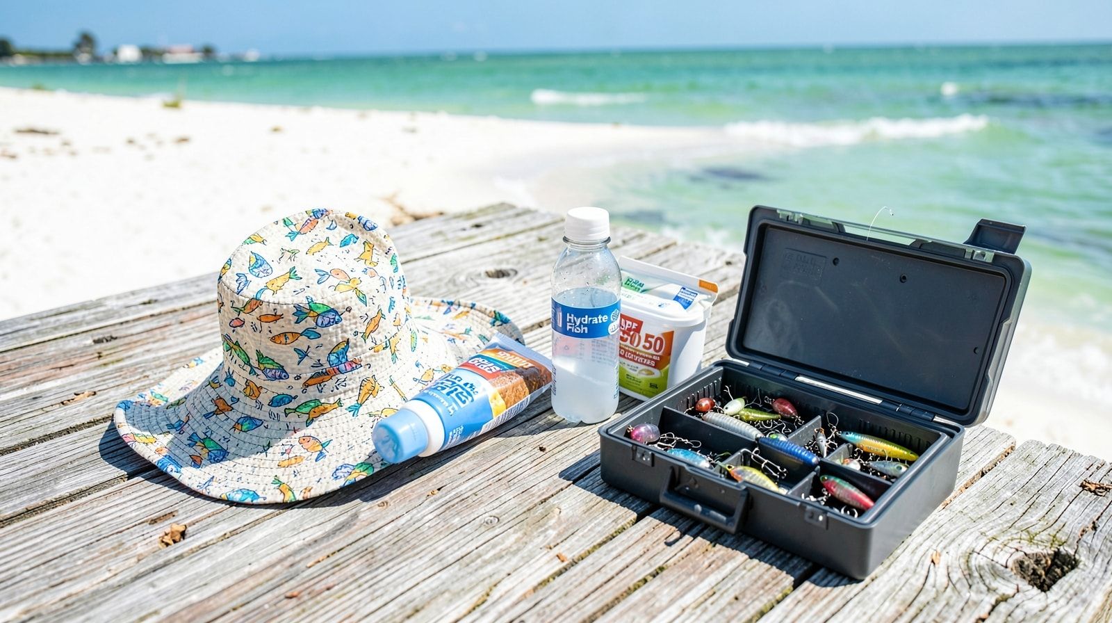 Family fishing day essentials laid out on a sunny dock including sunscreen, hats, water bottles, snacks, and a tackle box