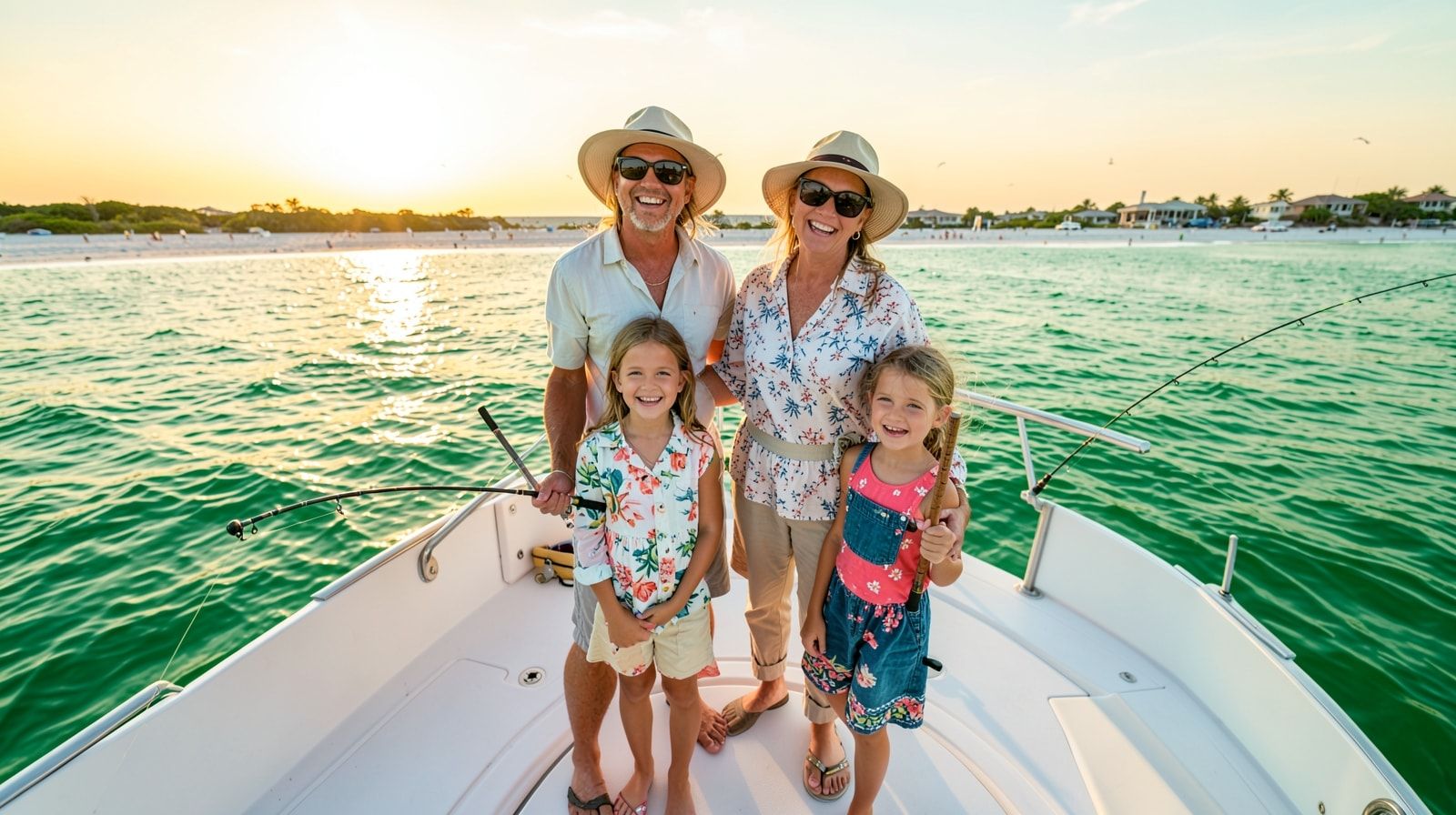 Happy family on the back of a fishing charter at sunset over the Gulf of Mexico near Destin Florida