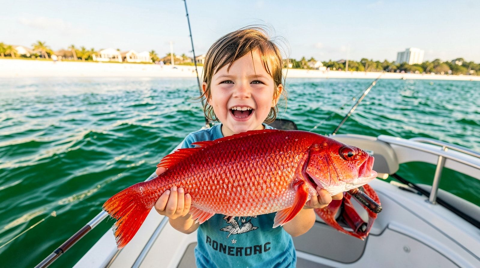 Excited young child holding a large red snapper fish caught on a Gulf of Mexico fishing boat near Destin Florida