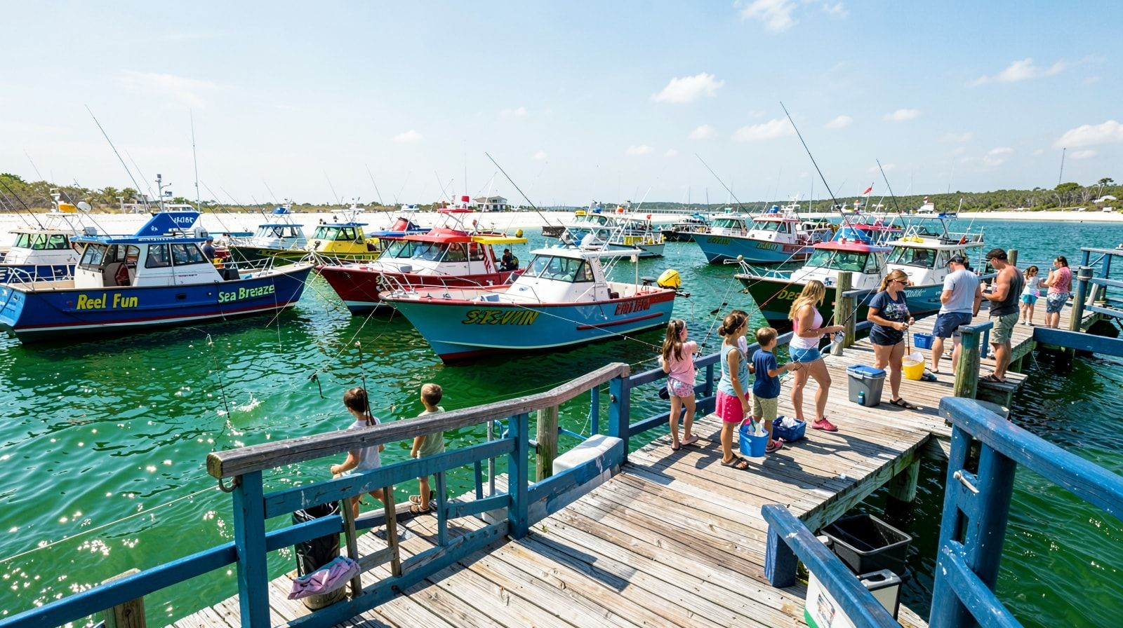 Colorful charter fishing boats docked at Destin Harbor on a bright sunny summer morning with families on the boardwalk