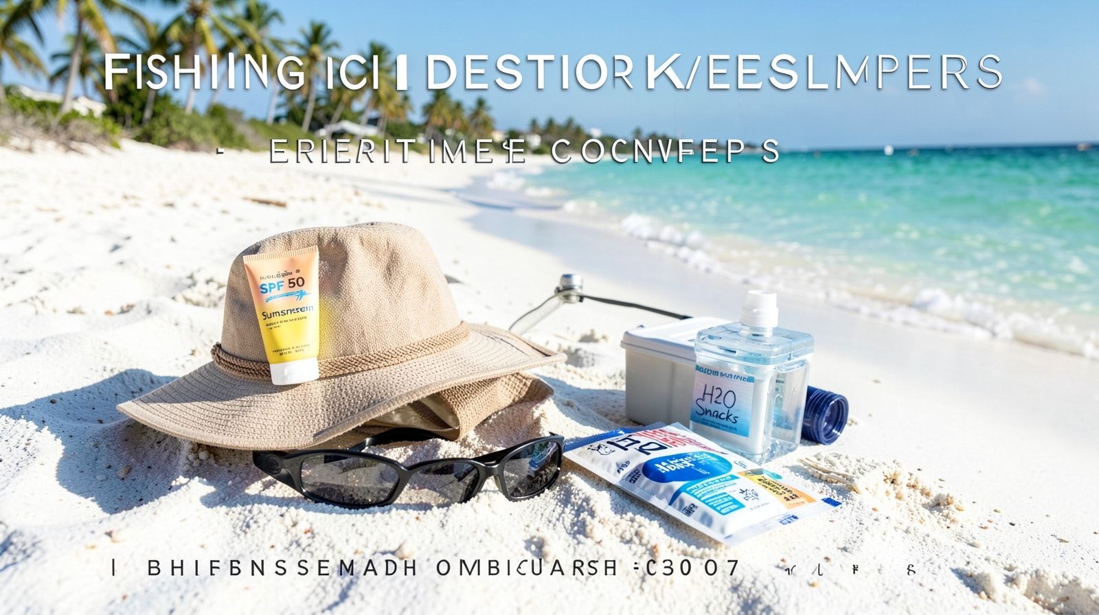 Essential first-time fishing trip gear — sunscreen, polarized glasses, sun hat, water, snacks, and motion sickness patches
