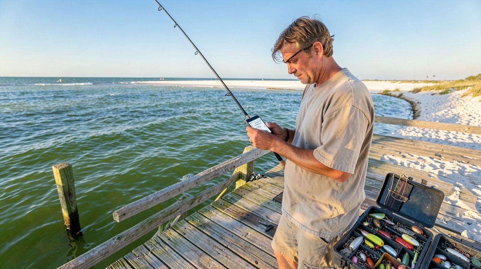 Angler checking Florida fishing license on smartphone at a Destin dock with rod and tackle box nearby