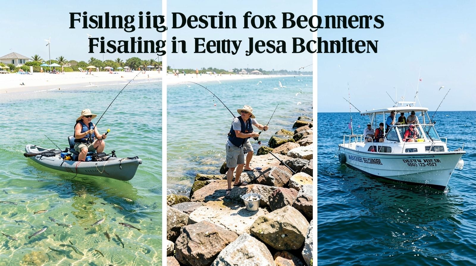 Three styles of fishing available in Destin — inshore bay kayak fishing, nearshore jetty casting, and offshore deep-sea charter