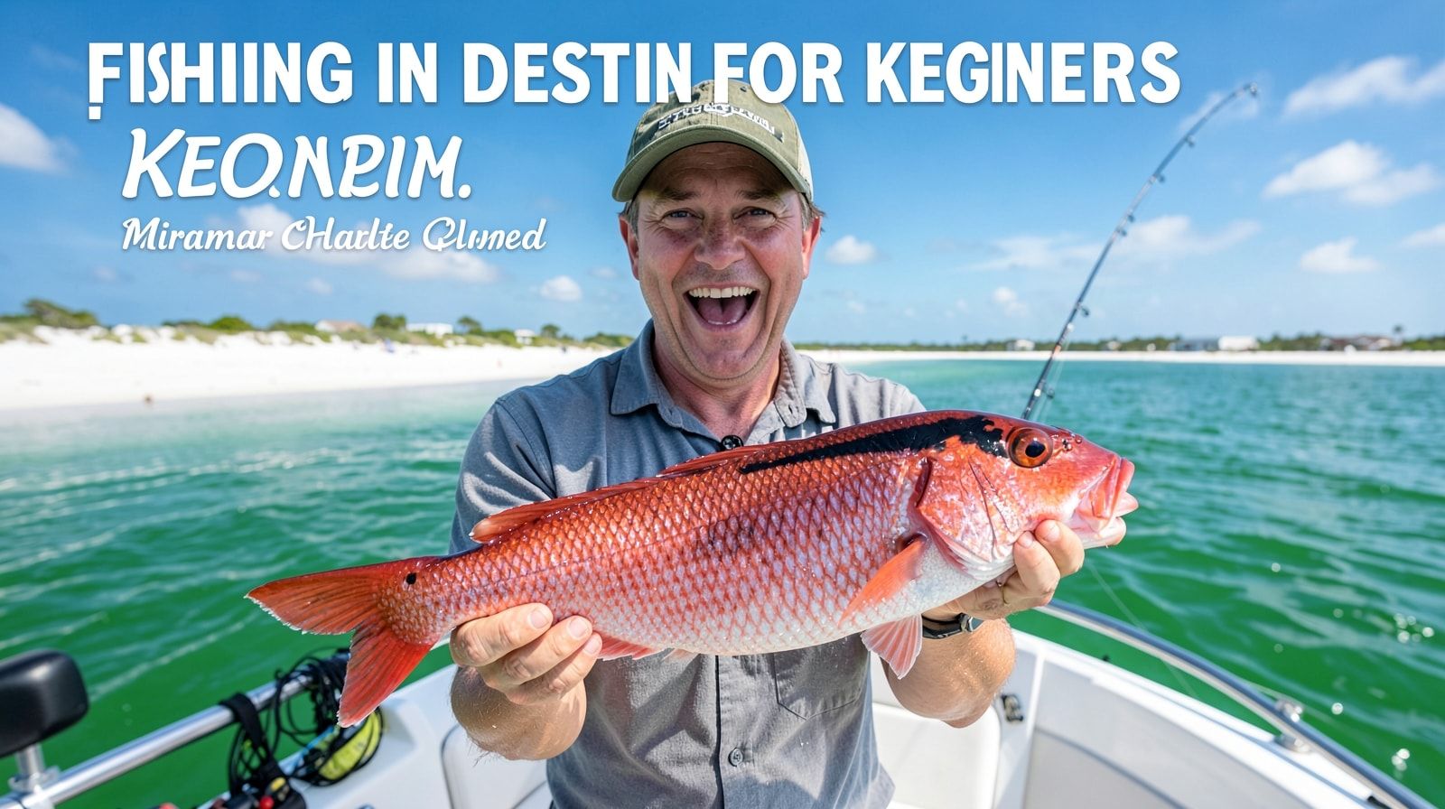 Happy first-time angler holding a red snapper caught on a deep-sea charter boat out of Destin Florida