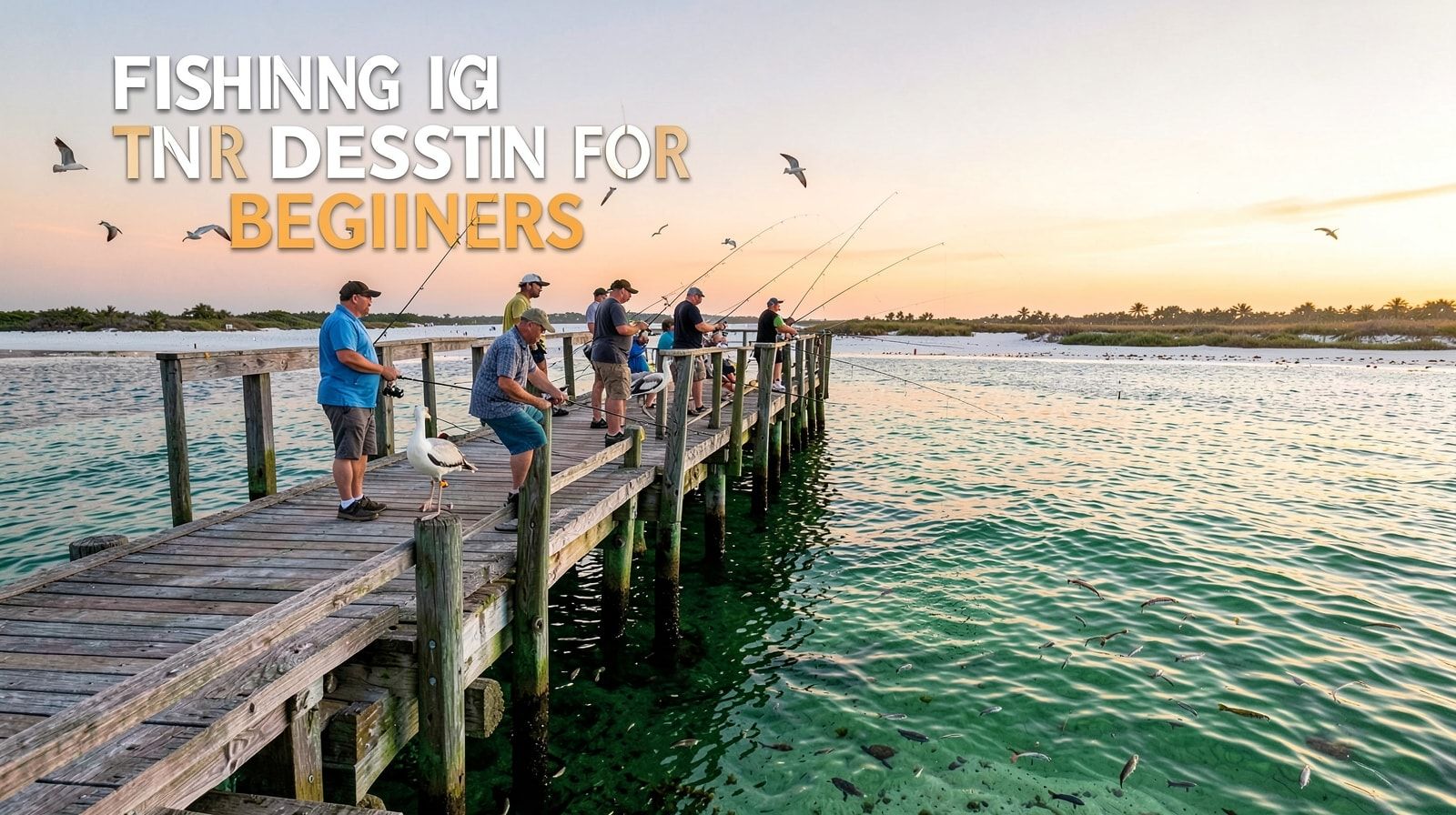 Anglers fishing from a Gulf pier near Destin at sunset with pelicans and emerald water below