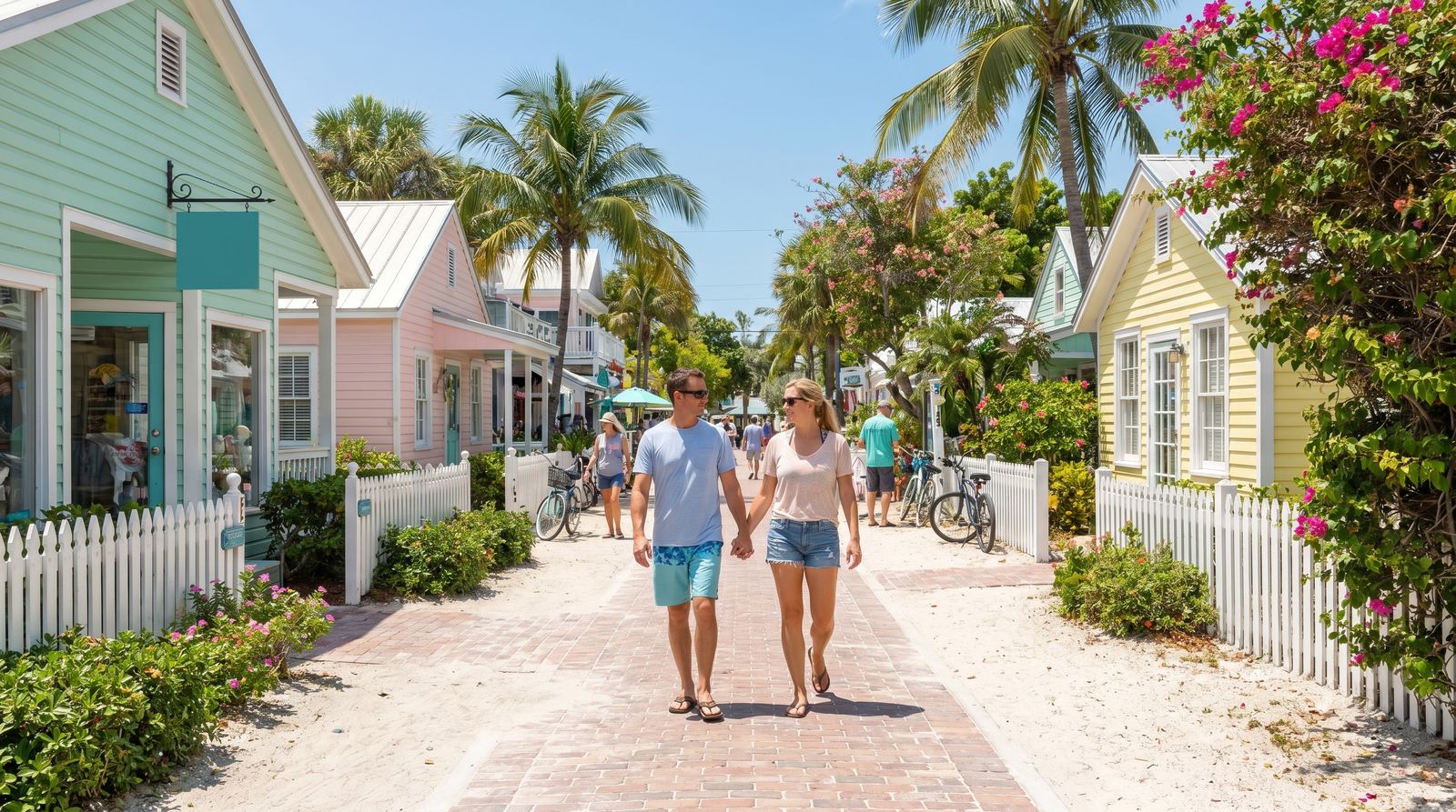 Couple strolling along the charming pedestrian streets of Rosemary Beach on scenic 30A Florida with colorful architecture and live oak canopy overhead