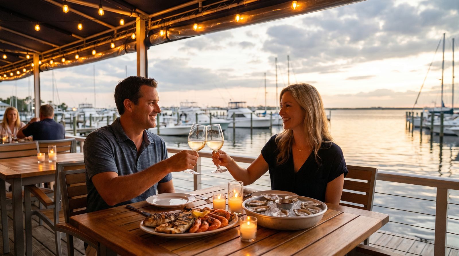 Romantic outdoor dinner at a waterfront seafood restaurant in Destin Florida at sunset with Gulf views and wine glasses on the table