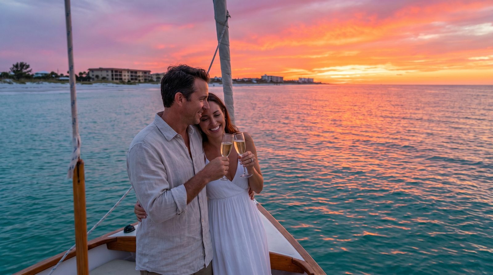 Couple on a sunset sailing cruise off Destin Florida with the emerald Gulf of Mexico glowing golden behind them
