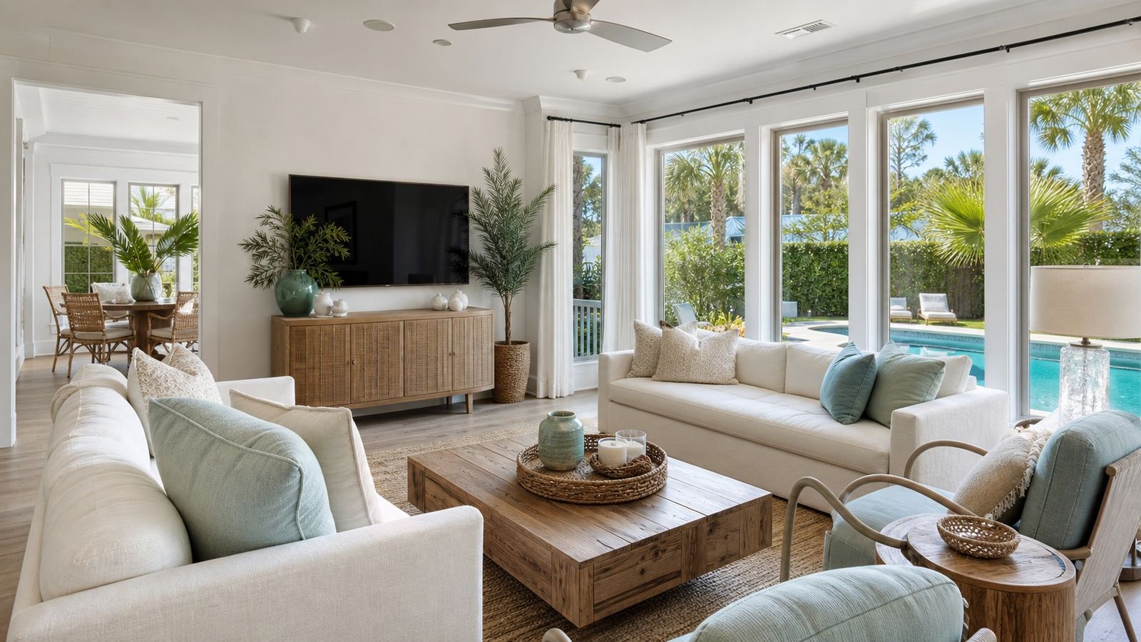 Bright Florida vacation rental living room with pool view and winter afternoon sunlight in Miramar Beach