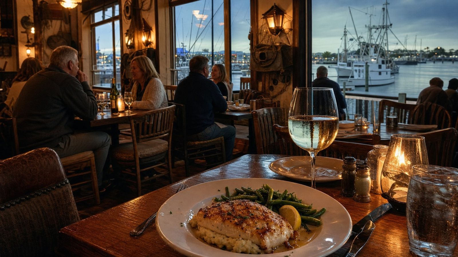 Cozy waterfront seafood restaurant interior in Destin Florida in winter with harbor view and relaxed diners