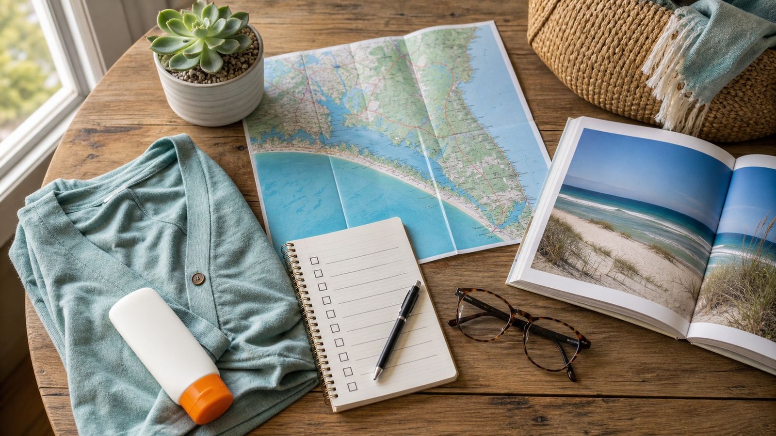 Travel planning flat-lay with Florida map, packing list, sunscreen and lightweight clothing for a snowbird trip