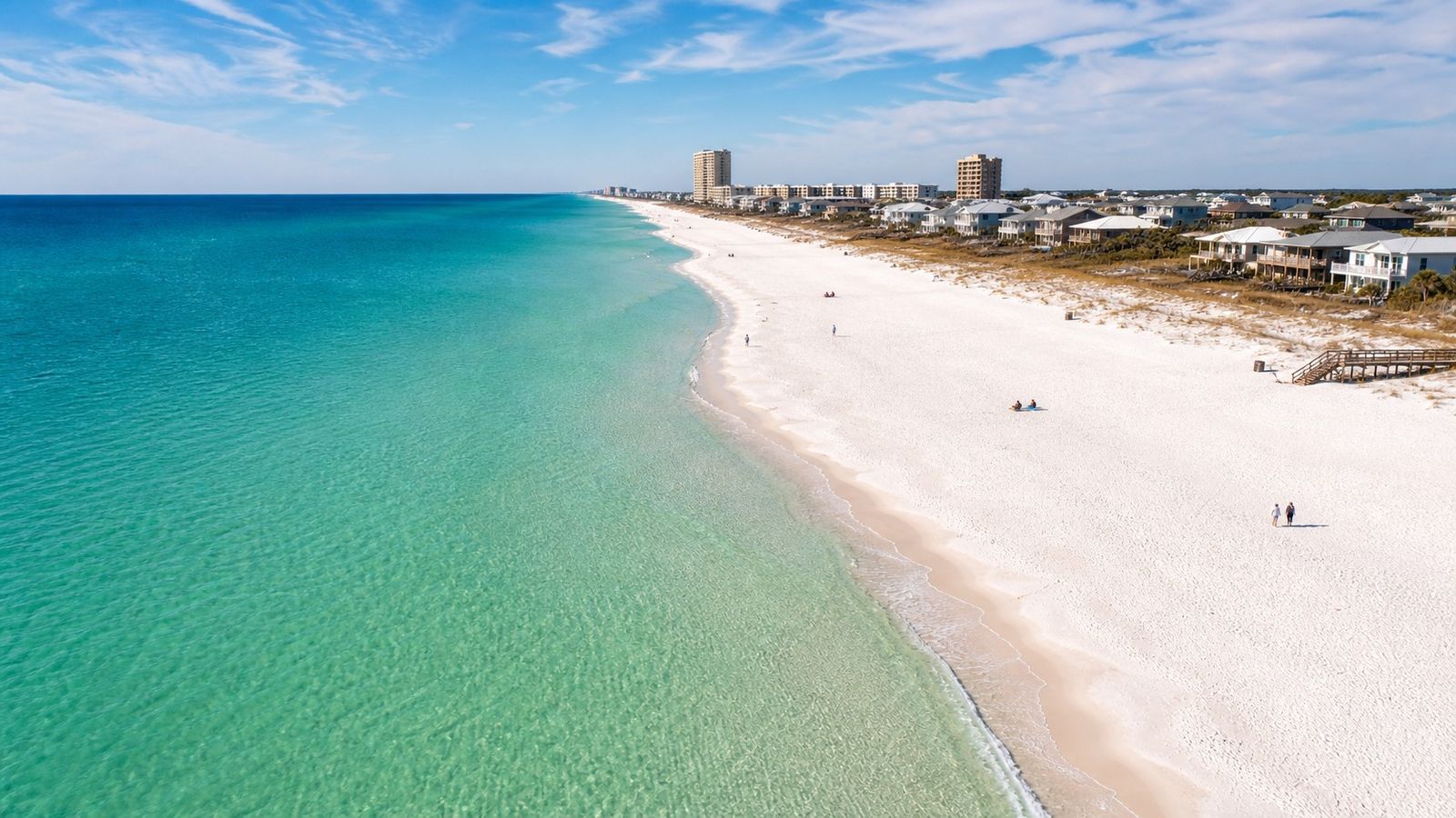 Aerial view of nearly empty Destin Florida beach in winter with emerald Gulf water and white sand