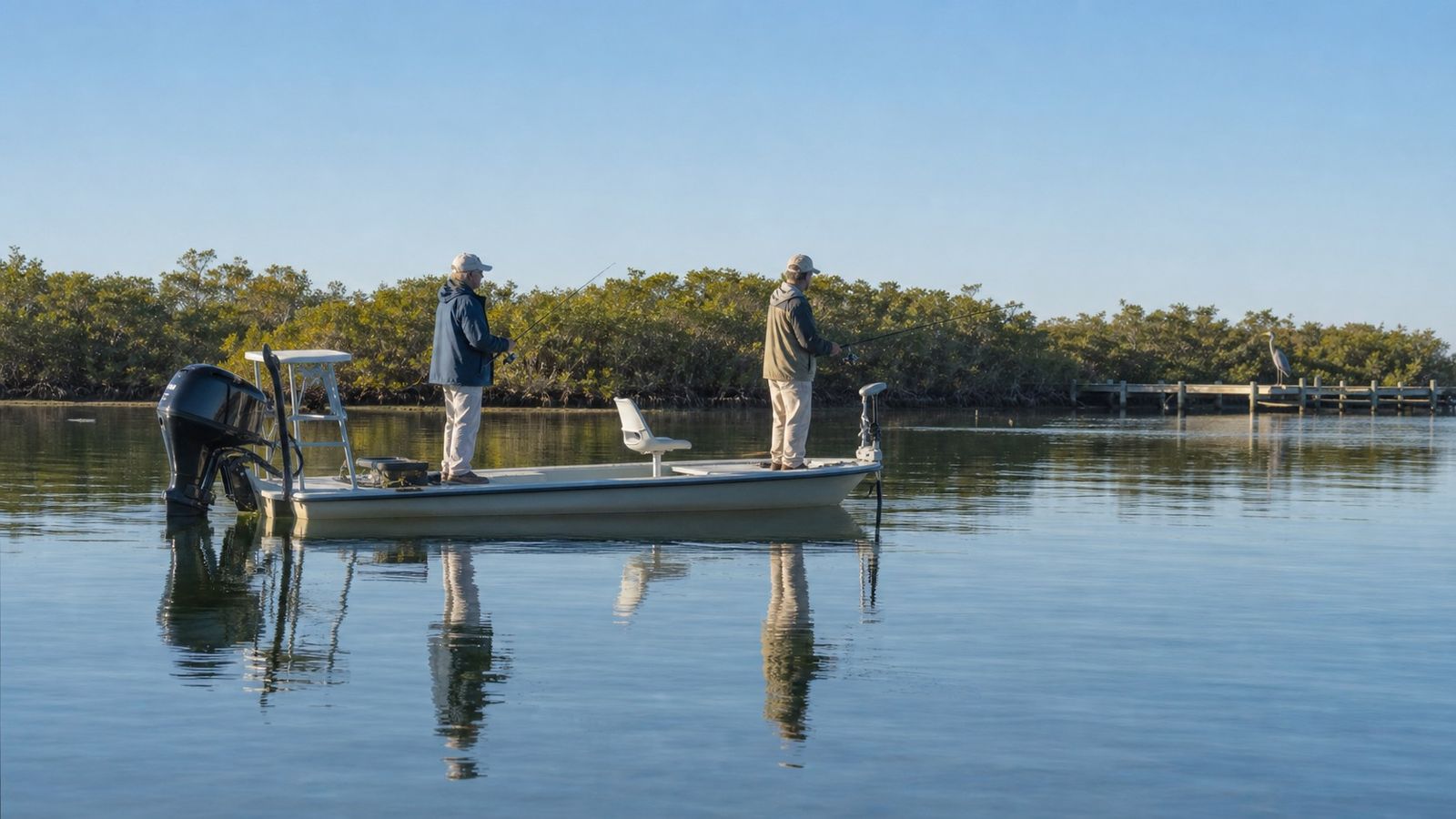 Two anglers fishing from a boat on calm Choctawhatchee Bay near Destin on a clear winter morning