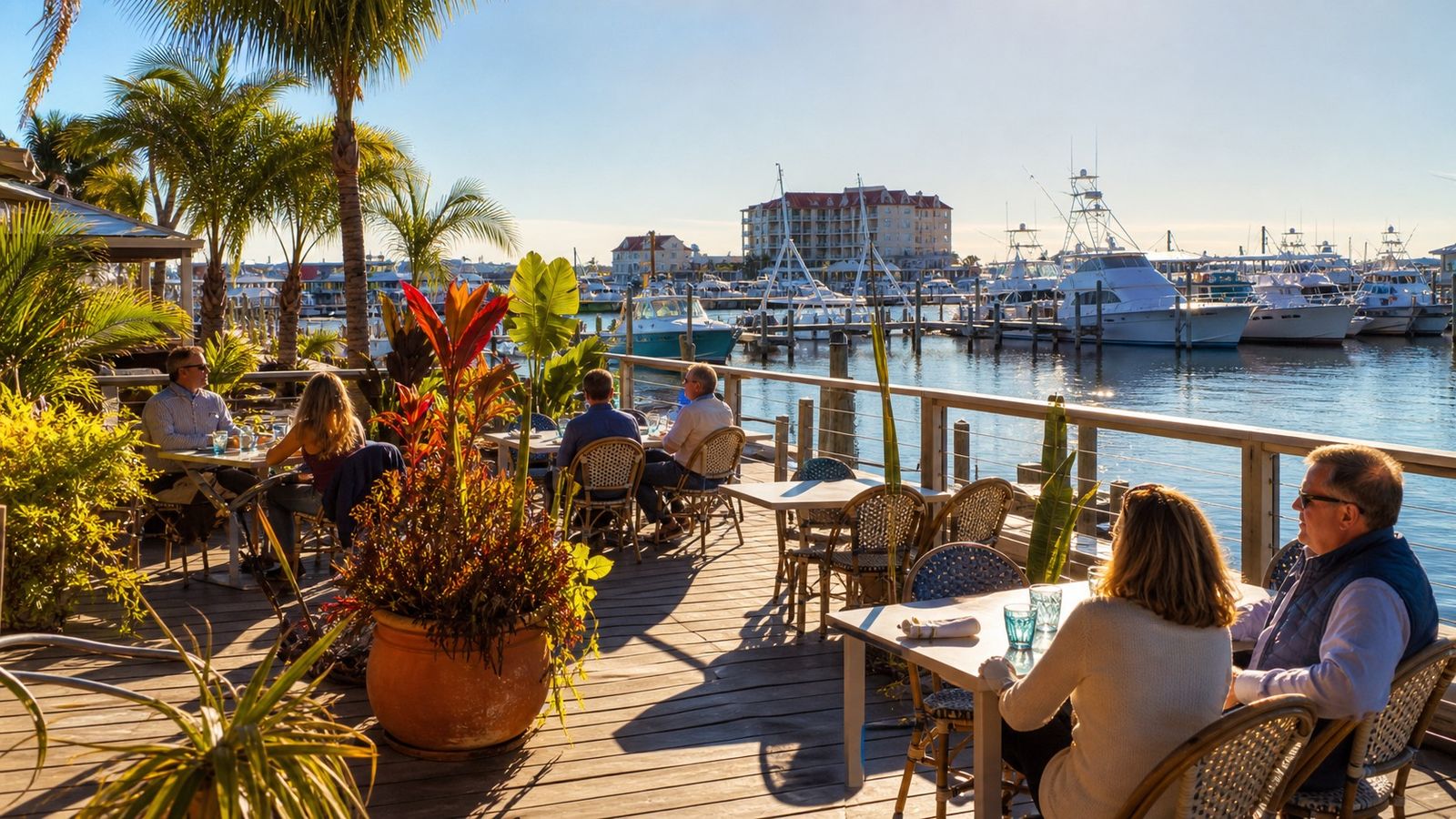 Uncrowded Destin harbor restaurant patio in January with sunshine and calm harbor views