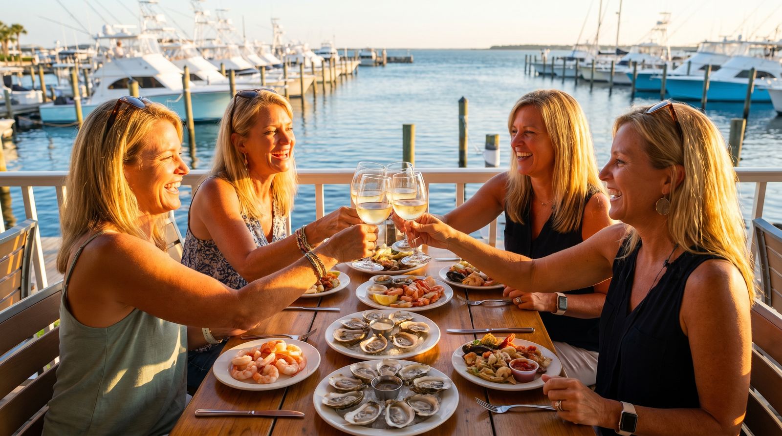 Group of women clinking cocktail glasses at an outdoor waterfront seafood restaurant in Destin Florida with harbor views