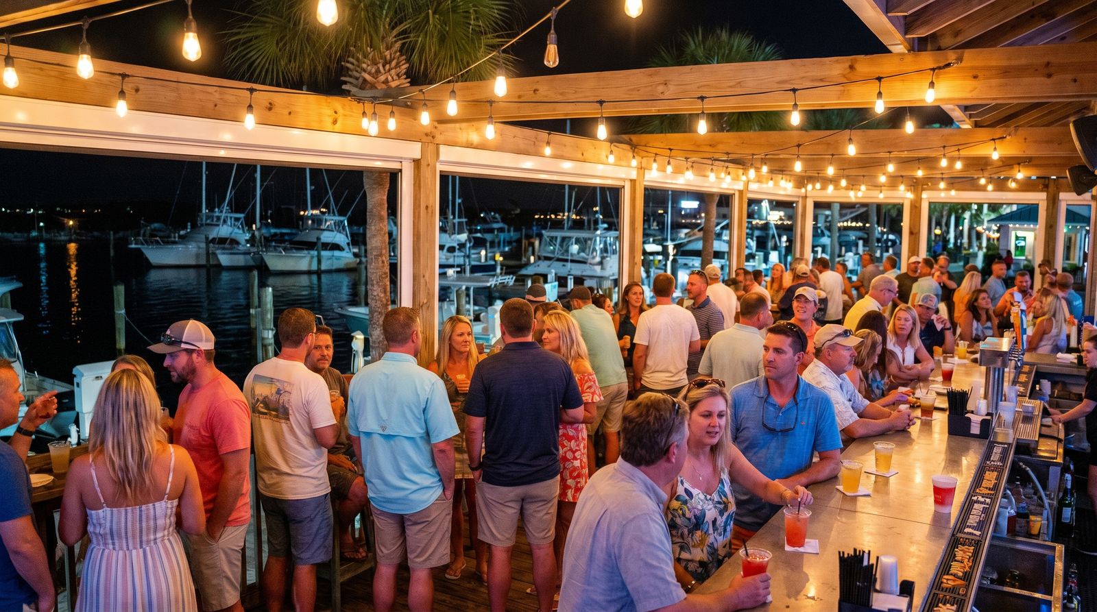 Group of men at an outdoor waterfront bar at Destin Harbor at night with string lights and boats in the background