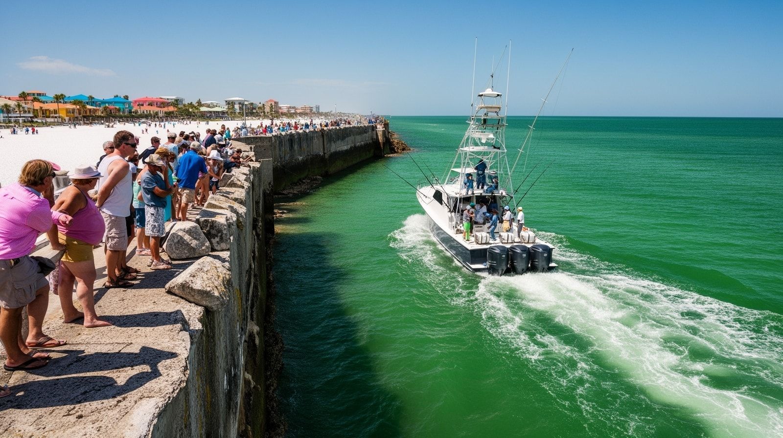 Spectators on the Destin East Pass jetty watching a large sportfishing charter boat navigate through the narrow channel with the emerald Gulf of Mexico visible beyond