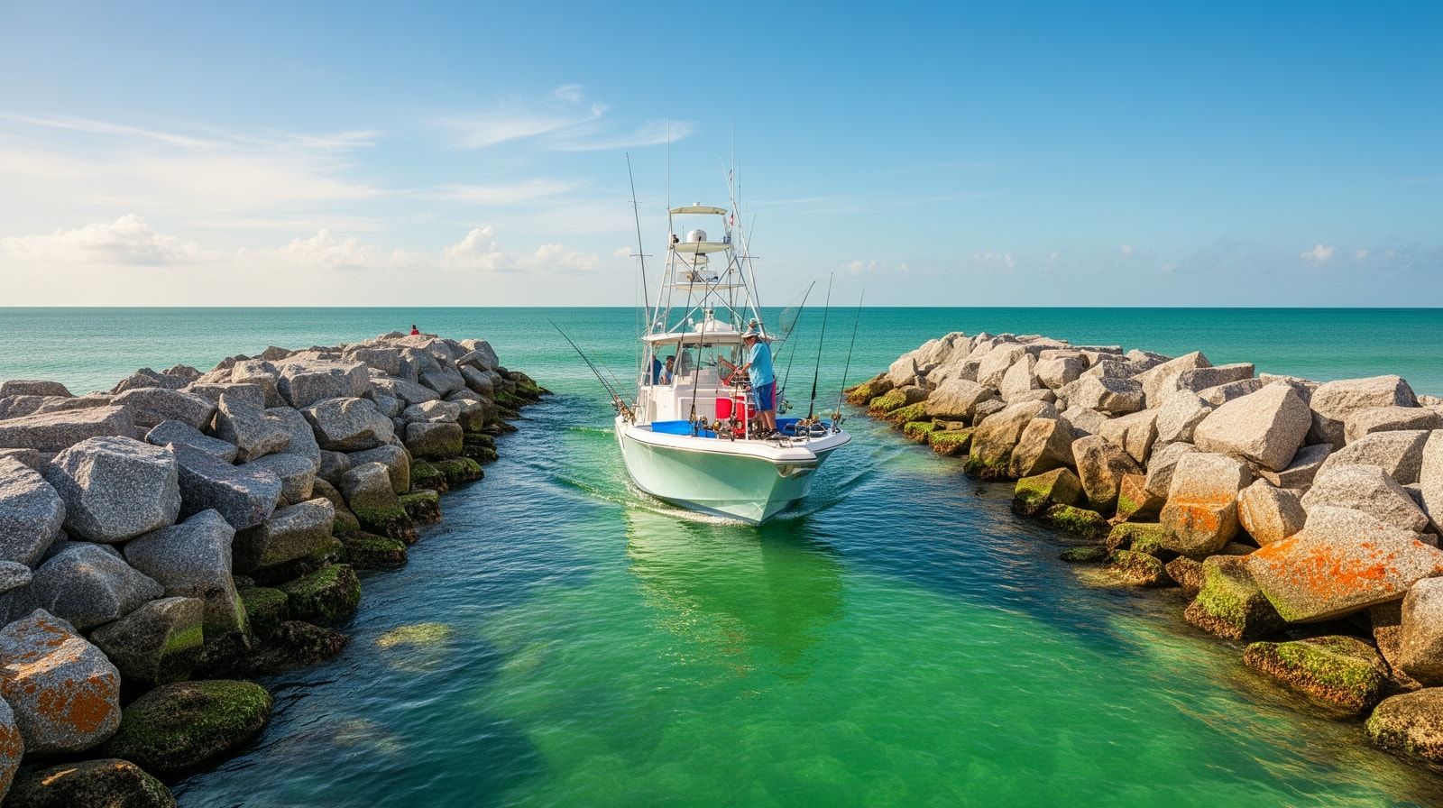 Granite rock jetties at Destin East Pass with clear emerald water and a charter fishing boat navigating through the narrow channel on a sunny afternoon