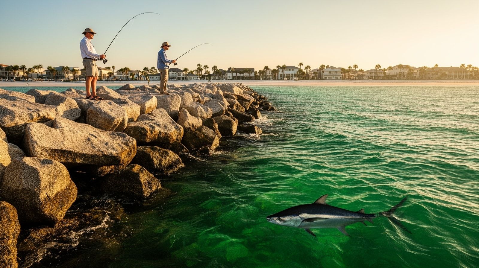 Two anglers fishing from the granite rock jetties at Destin East Pass on a clear morning with a large cobia visible in the emerald water near the rocks