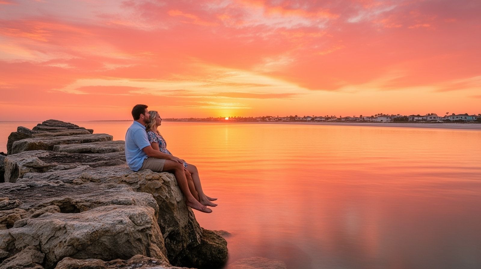 Couple sitting on the Destin East Pass rock jetties at sunset with vivid orange and coral-pink sky over the Gulf of Mexico and calm water reflecting the colors