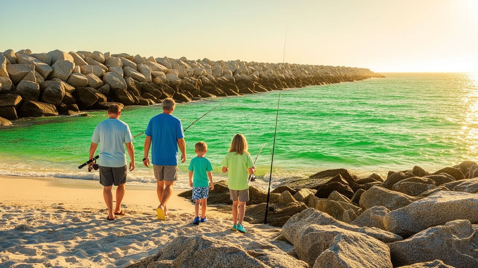 Family with fishing gear and water shoes walking toward the Destin East Pass rock jetties on a bright sunny morning with emerald water and granite rocks visible ahead