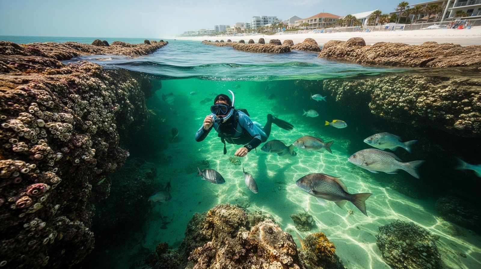 Snorkeler exploring crystal-clear emerald water near the base of the Destin East Pass rock jetties with sheepshead and reef fish visible around the barnacle-covered rocks