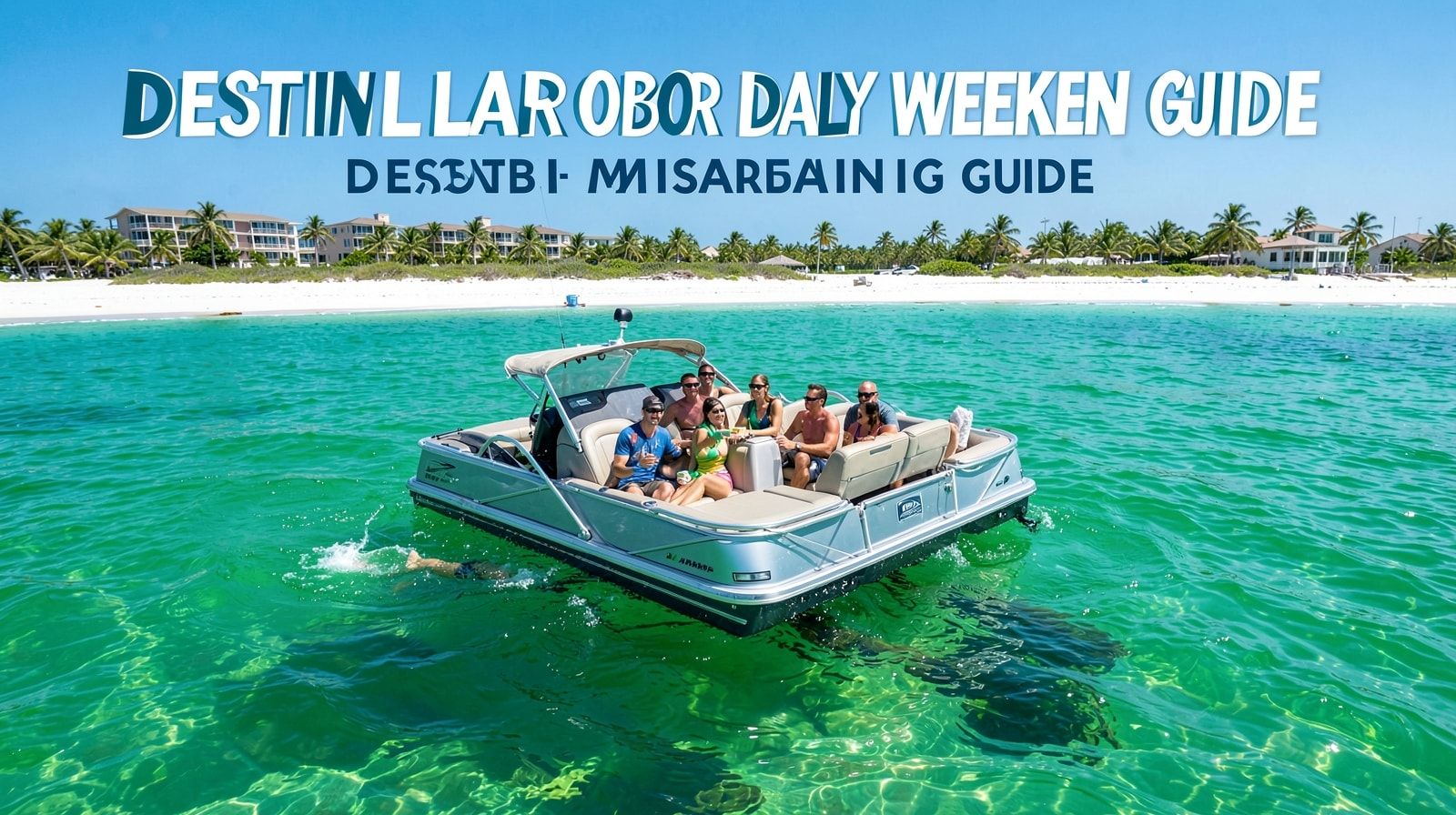 Friends on a pontoon boat swimming in crystal clear emerald water at Crab Island Destin Florida