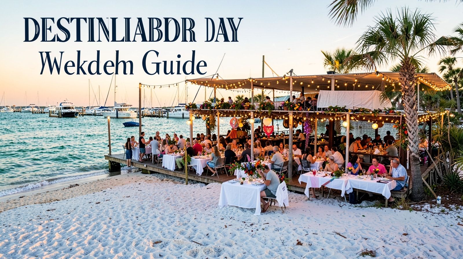 Lively outdoor waterfront seafood restaurant in Destin Harbor with string lights and harbor views on a summer evening