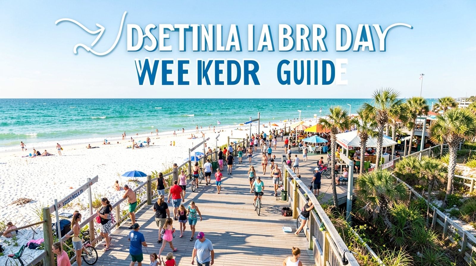 Busy Destin Florida beach boardwalk with families heading to the sand on a holiday weekend afternoon